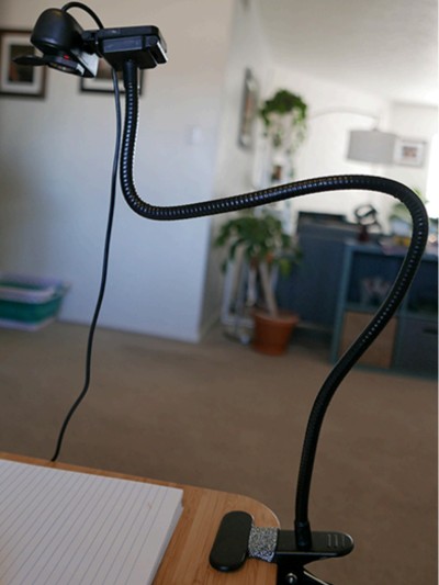 Side view of the original hinged-webcam and flexible-clamp document camera prototype