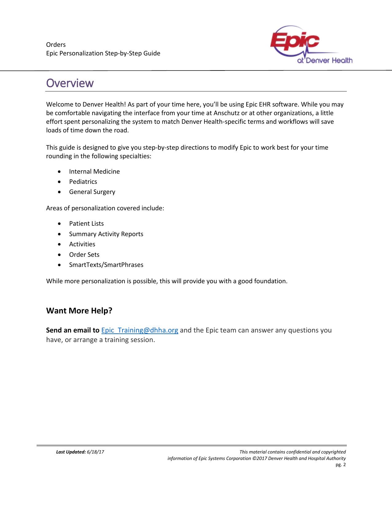 Specialty customization page from the 2017 inpatient residents personalization guide