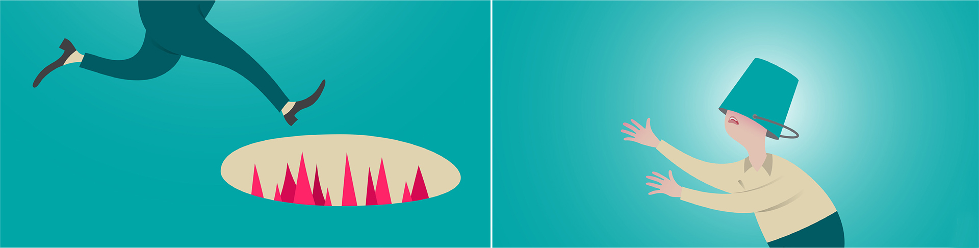 A man wearing a bucket on his head steps into a hole in header artwork from a Denver Health quarterly Epic update