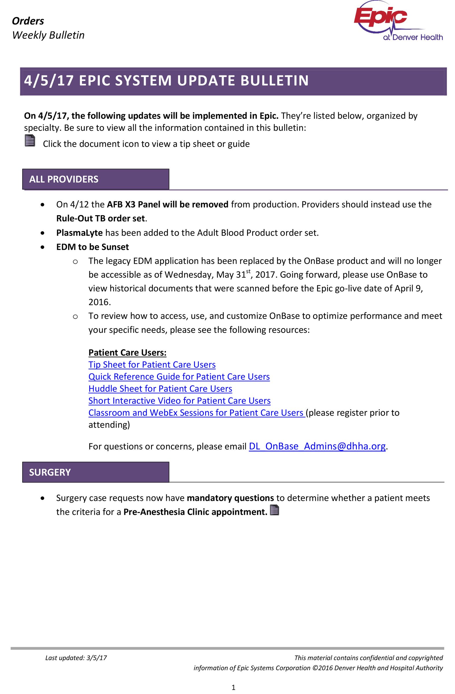 An early text-heavy Epic provider bulletin